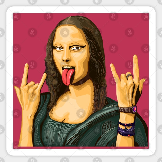 Mona Lisa rocks out - luxury painting no background - devil horns tongue out Sticker by SmerkinGherkin